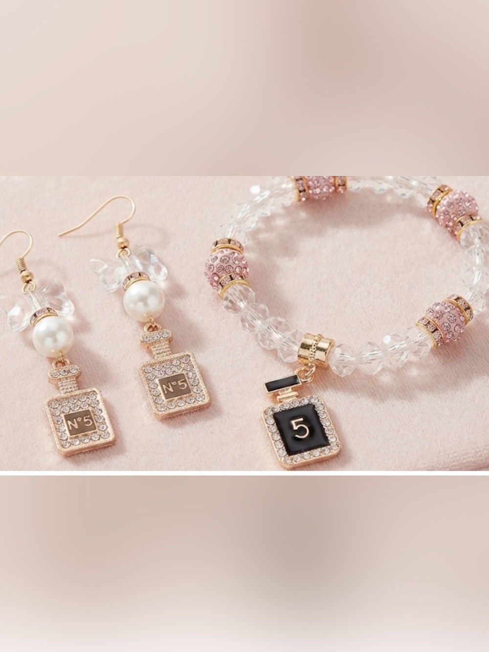 Bow and pearl dangle drop earrings and bracelet set brand new